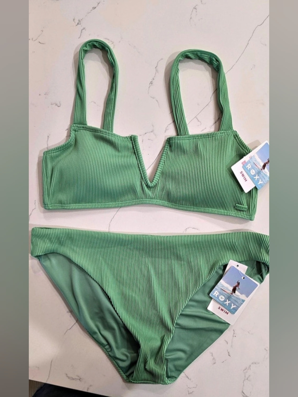 NWT Roxy Ribbed Bikini Set Sage Green V-Wire Two Piece Swim Women's Sz XL